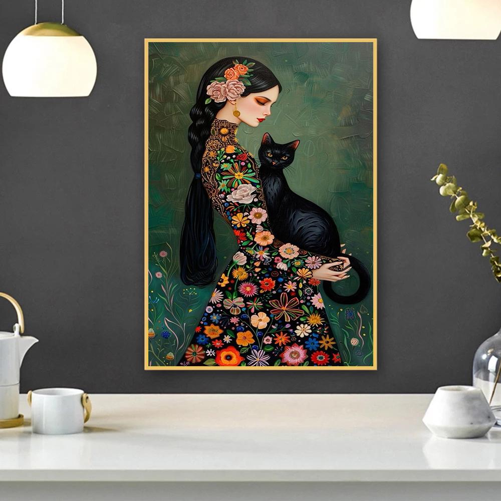 Abstract Woman And Cat Canvas Painting Wall Art Gustav Klimt Art Elegant Girl Poster Prints For Office Living Room Home Decor