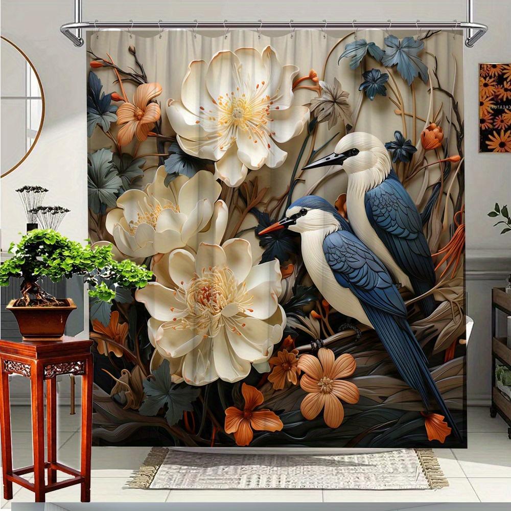 

1Pc Elegant Floral & Bird Shower Curtain - Forest Theme With White For Lotus, Blue Birds & Autumn Leaves, Polyester Fabric, W60H190(CM)-1 Pcs