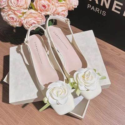 New Stylish Women's Pointy Mid-heel Sandals Vamp with Flower Lady Casual Shoes White Soft