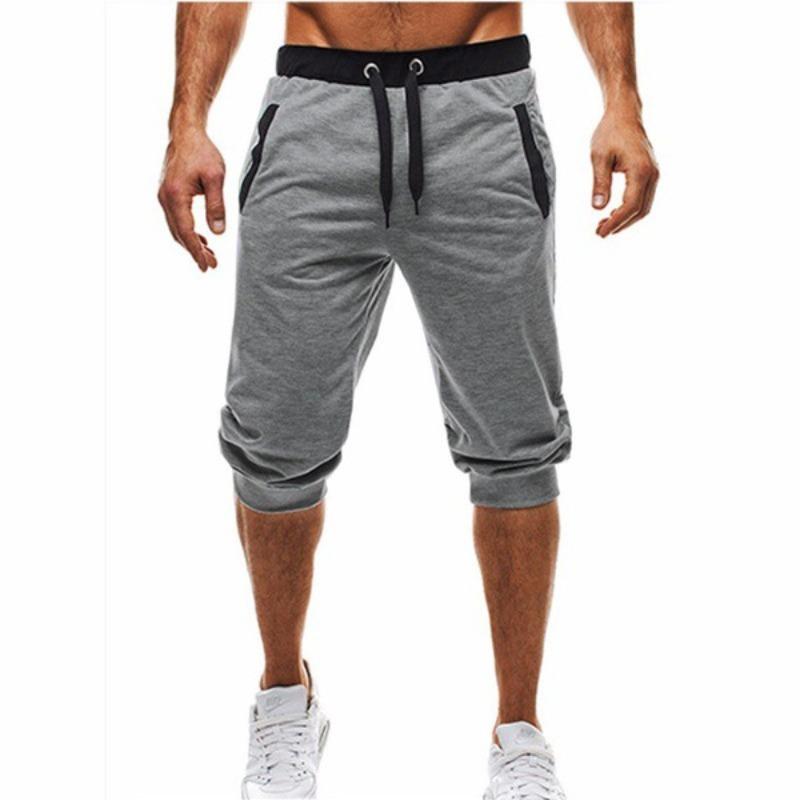 Men Summer Casual Shorts Elastic Waist Drawstring 3/4 Jogger Pants S серый