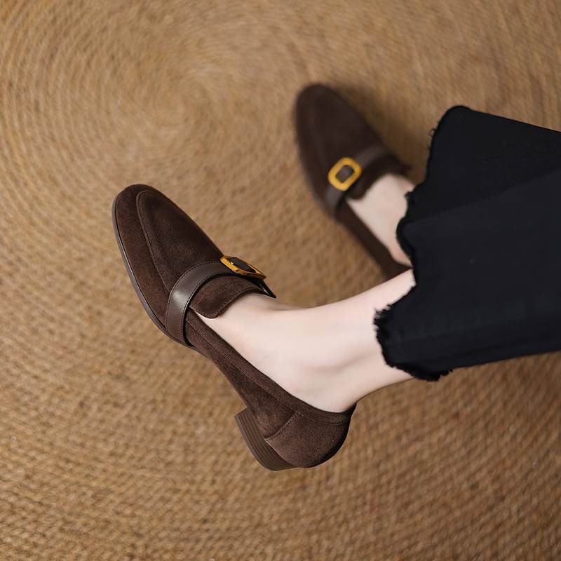 Krazing Pot Sheep Suede Autumn Winter Shoes Metal Buckle Loafers Med Heels Slip on Size 42 Round Toe Slip on Deep Mouth Pumps
