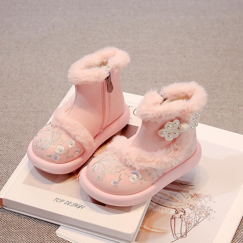 

Девичьи сапоги ханьфу - 2025 Зимний бархатный хлопок, Древний стиль с дизайном юбки «лошадиное лицо», Национальный стиль для осени/зимы. 36 розовый