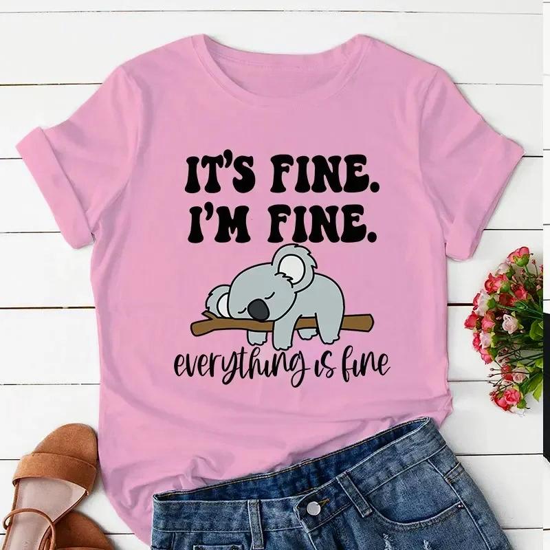 Women's Fashion T-shirt Koala Print Tops Casual Short-sleeve Shirt It's Fine I'm Fine Everything Is Fine Cartoon Womens Clothing