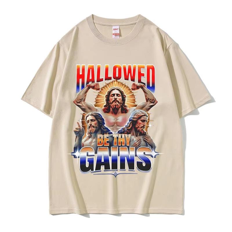 Hallowed Be Thy Gains Jesus Pump Cover Funny Meme Tshirts Unisexs Humor Fitness Muscular T Shirts Unisex Women Casual Cotton Tshirt S
