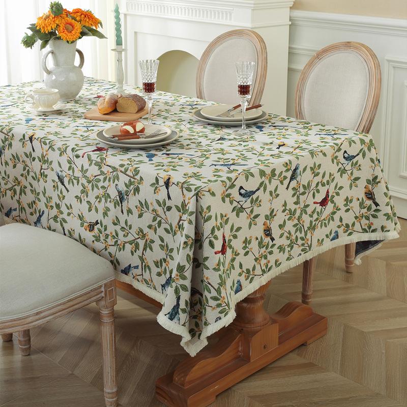 Vintage Floral Tablecloth American Oil Painting Style Thick Cotton Linen Jacquard for Tea Table