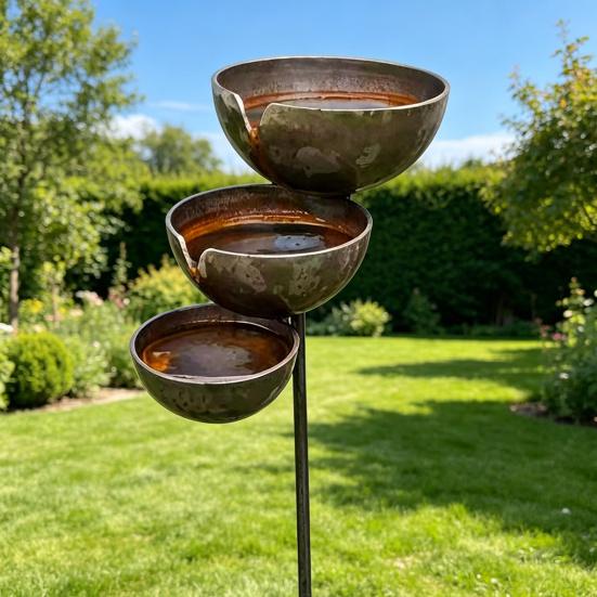 Metal Bird Bath Rustic Vintage Rain Catcher Garden Stake with 3-Tiered Bath Bowls Outdoor Bee Watering Station for Outside
