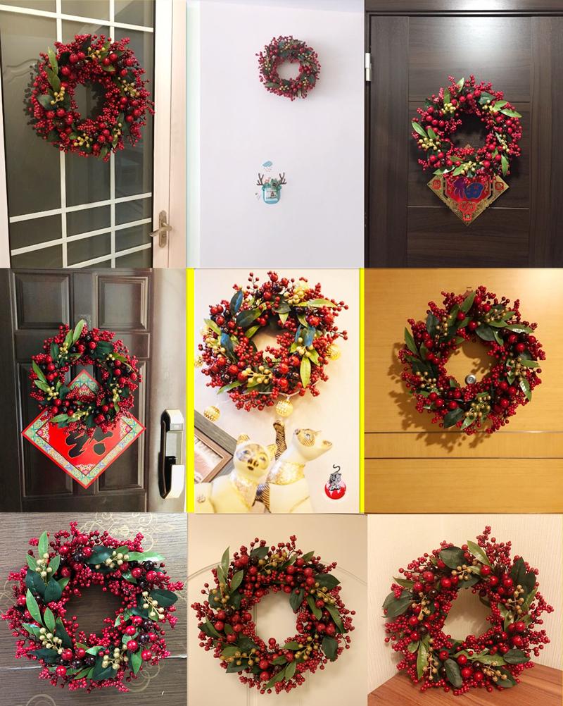 Handmade Christmas Wreath with Red Berries & Green Leaves on Steel Ring for Door Decoration