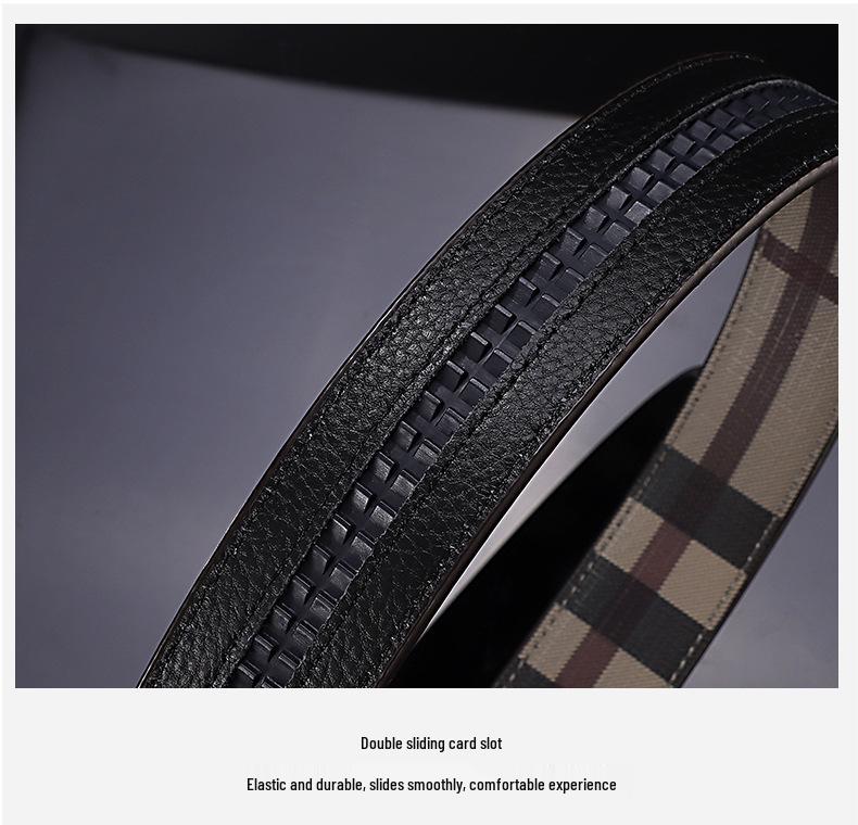 Men's Genuine Leather Belt - Cowhide Plaid with Automatic Buckle, Versatile Business & Fashion Style