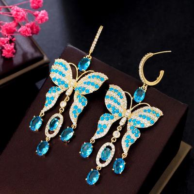 Super Fairy Light Luxury Blue Medium And Long Fringed Temperament Butterfly Earrings Pendant Needle Heavy Industry Earrings