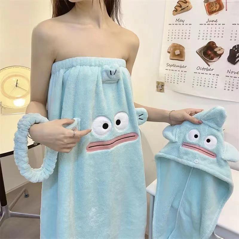 Kuromi Wearable Bathrobe Set: Includes Coral Fleece Bath Towel, Dry Hair Cap, and Hair Band - Soft, Skin-Friendly, Cartoon Design.