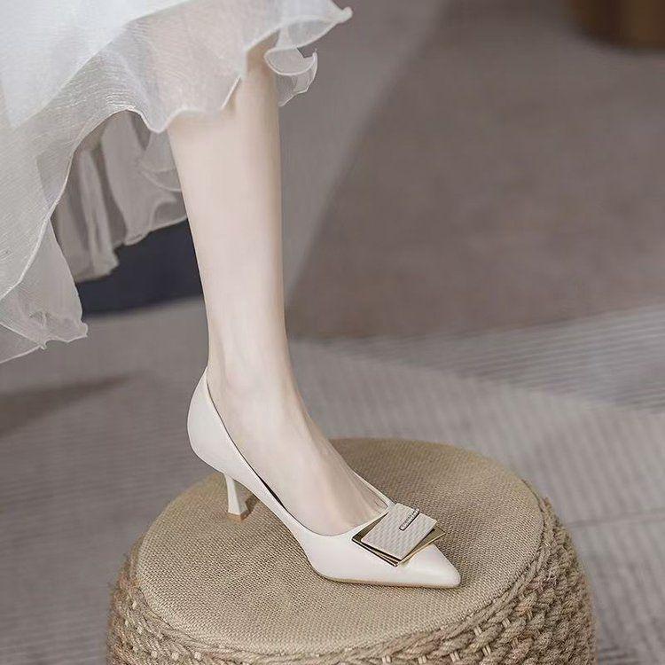 

French niche high-end single shoes for women s 2025 spring and autumn new thin heels pointed work shoes square buckle temperament high heels 35
