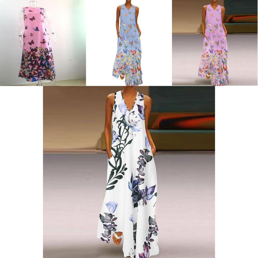 Elegante Abito Lungo Maxi Bohemia Senza Maniche da Donna per Feste Estive in Spiaggia in Taglie Forti