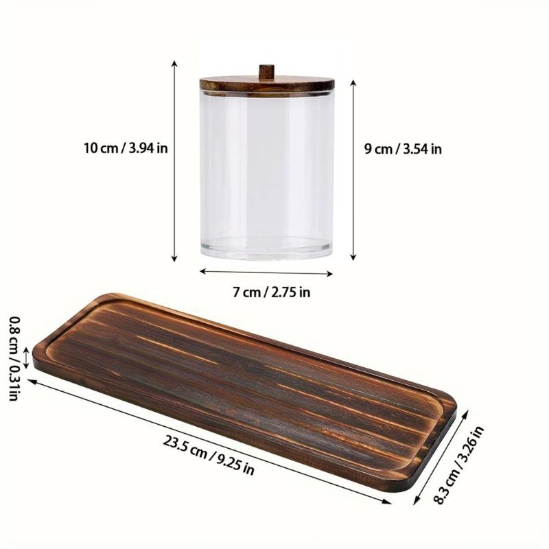 Round Cosmetic Organizers With Natural Wooden Top Transparent Bathroom Storage Container with Wooden Tray