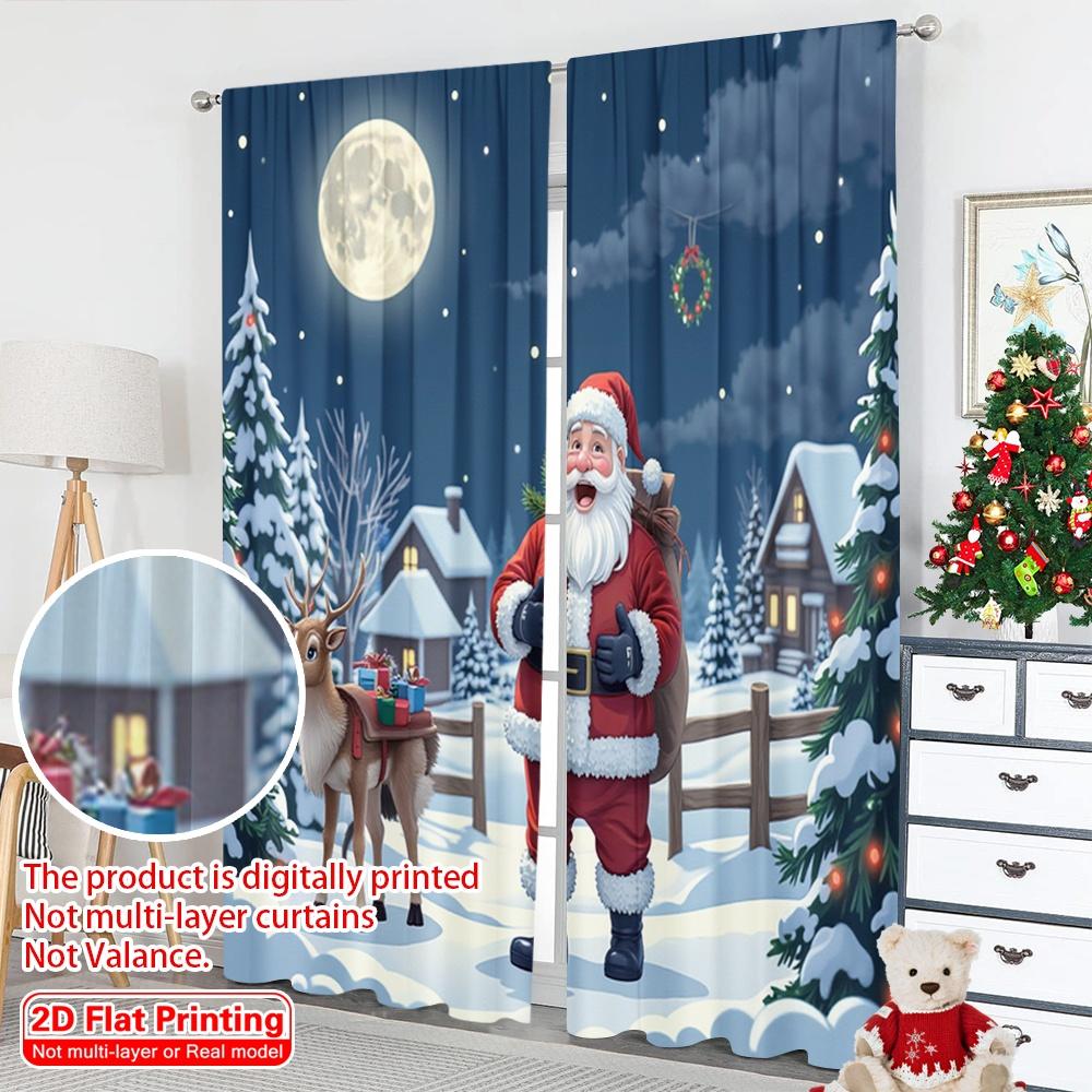2pcs 2D Flat Printing Christmas Window Curtains Santa Claus Reindeer Snow Christmas Fabric Without Electricity Birthday Party