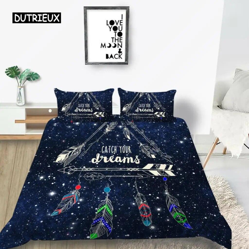 Dream Catcher Duvet Cover Set Kids Bohemian Mandala Boho Chic Feather Bedding Set Full Size Tie Dye Purple Polyester Duvet Cover three-piece set