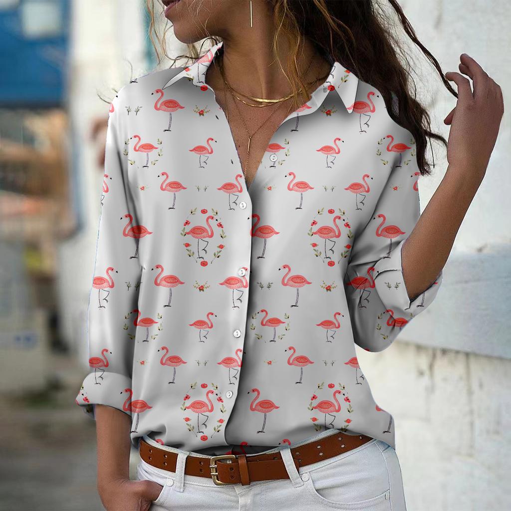 Red-crowned Crane Print Women Blouse Spring Autumn Femme Office Lady Button Up Turn Down Collar Shirts