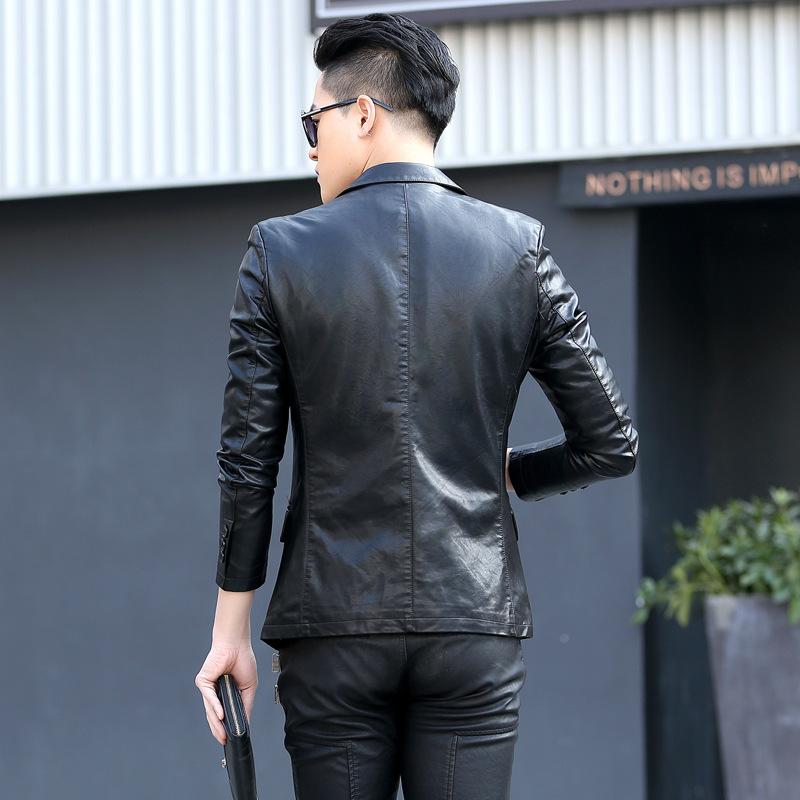 Anzugkragen Lederjacke Herren schwarz dreidimensionale aufgesetzte Tasche Jugend ohne Kapuze Frühling und Herbst lässige einreihige Jacke