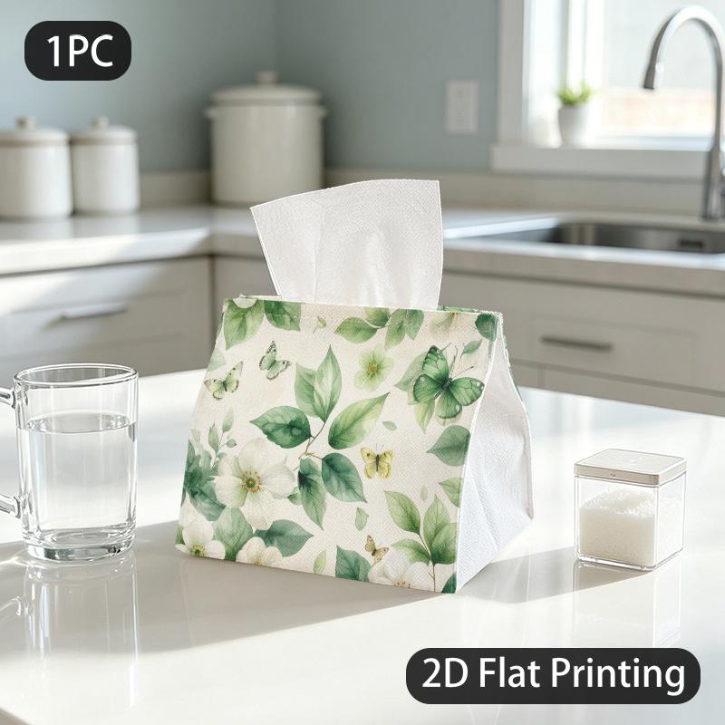 1pc Tissue Box, Watercolor White Flowers Butterflies Fresh Natural Pattern, 2D Flat Printing, Dust Blocking, Folds Flat, Tissue Dispenser, for Bedroom