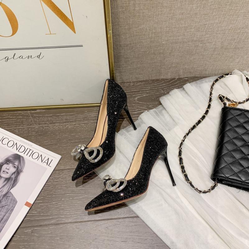Early spring new black fine flash high heels pointed thin heels dinner sexy rhinestone bow single shoes women