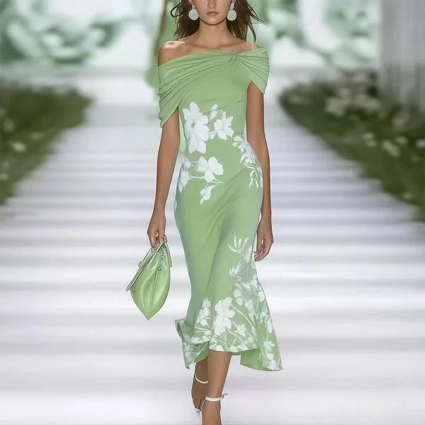 

Light Blue Off-Shoulder Long Sleeve Maxi Dress with Floral Print XS