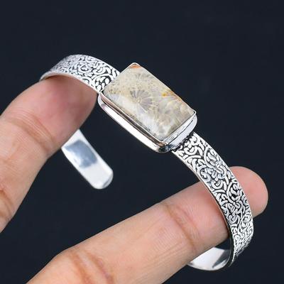 Natural Fossil Coral Gemstone Bangle Adjustable 925 Sterling Silver Jewelry