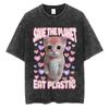 Funny Save The Planet Eat Plastic T Shirt Unisex Washed Cotton Vintage Cute Kitten Graphic Tee Harajuku Summer Top Streetwear