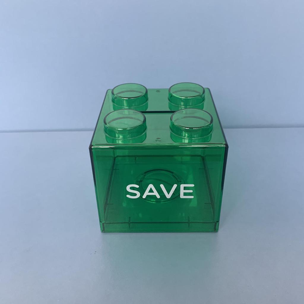 Available: Red, Yellow, Blue Building Block Piggy Bank - English Version, Transparent Money Coin Bank.