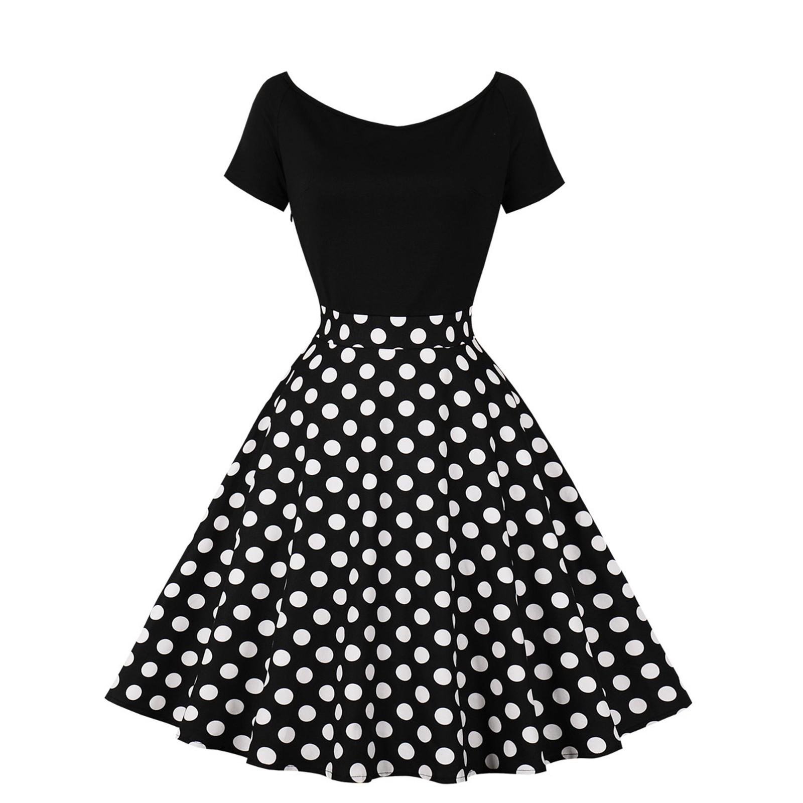 

Women s Crewneck, Short Sleeve Stitching, Contrasting Vintage Polka Dot Dress, Oversized Skirt M чёрный