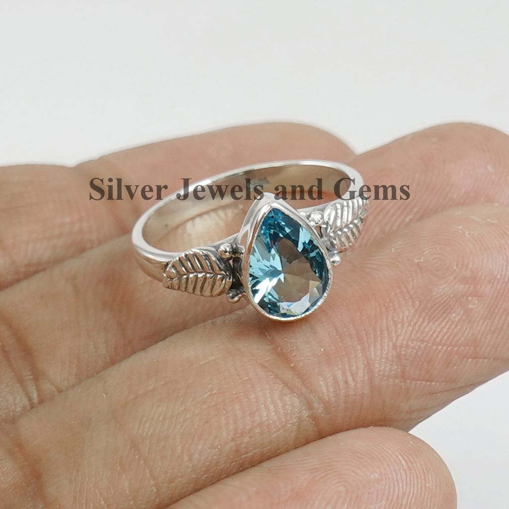 Teardrop Blue Topaz Ring, 925 Sterling Silver Leaf Design Ring, December Birthstone