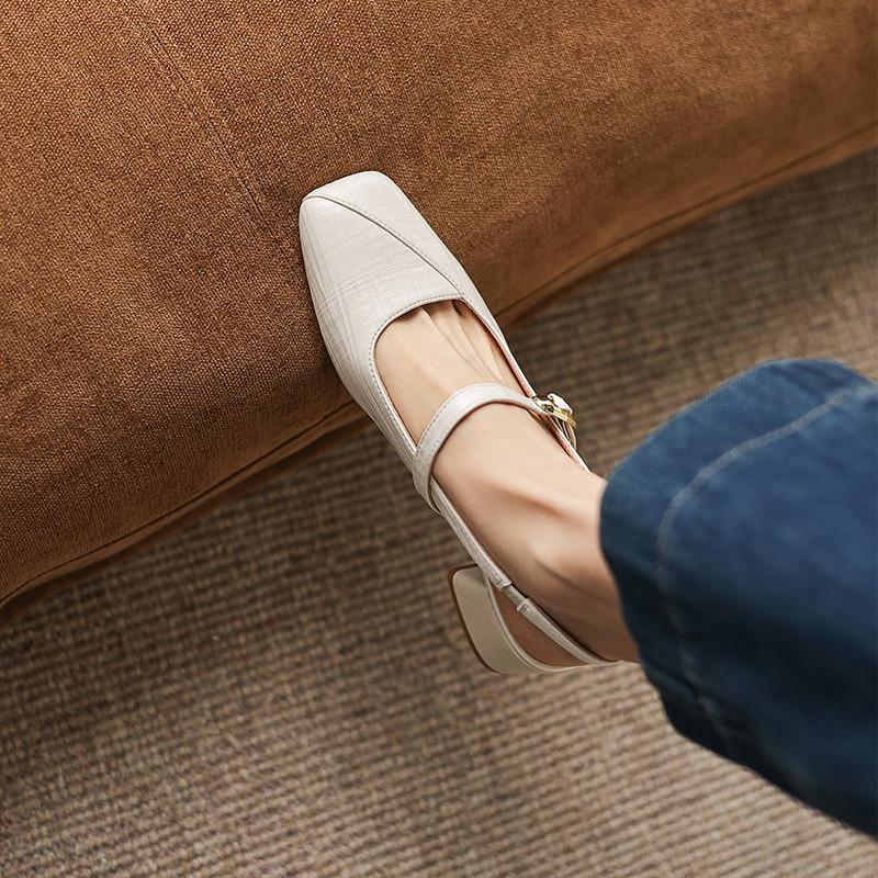 Sheepskin Square Toe Empty Mary Jane Shoes with Metal Buckle, Straight Strap, Thick Heel, Middle Heel, Commuting Women's Shoes