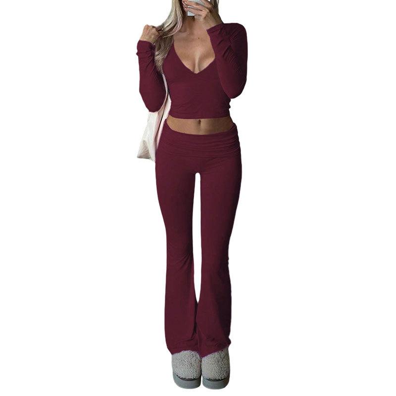 Autumn Women Deep V Neck Flared Pants Sport Casual Set For Women