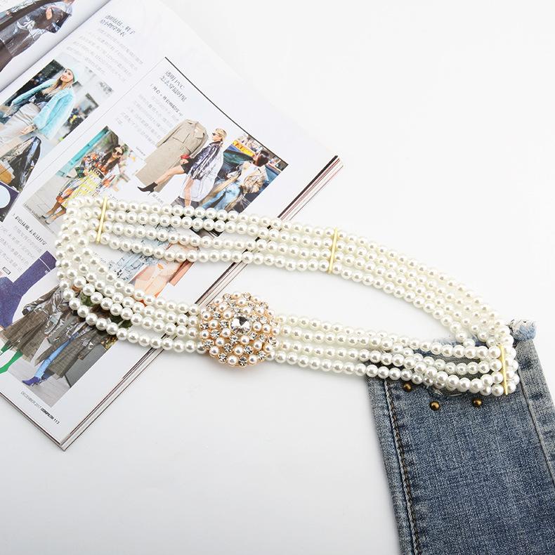 Ladies Dress Embellished With Four Rows Of High-Quality Pearl Elastic Elastic Flash Diamond Belt Waist Chain