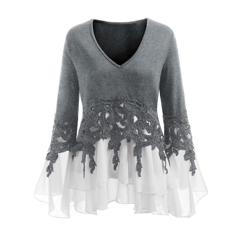 Elegant Women Ladies Long Sleeve V Neck Patchwork Tunic Tops For Casual Comfort
