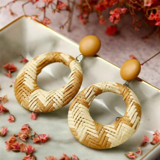 Wood Earrings Jewelry Bamboo Dangle Geometric Rattan Circle Women 2024 Fashion