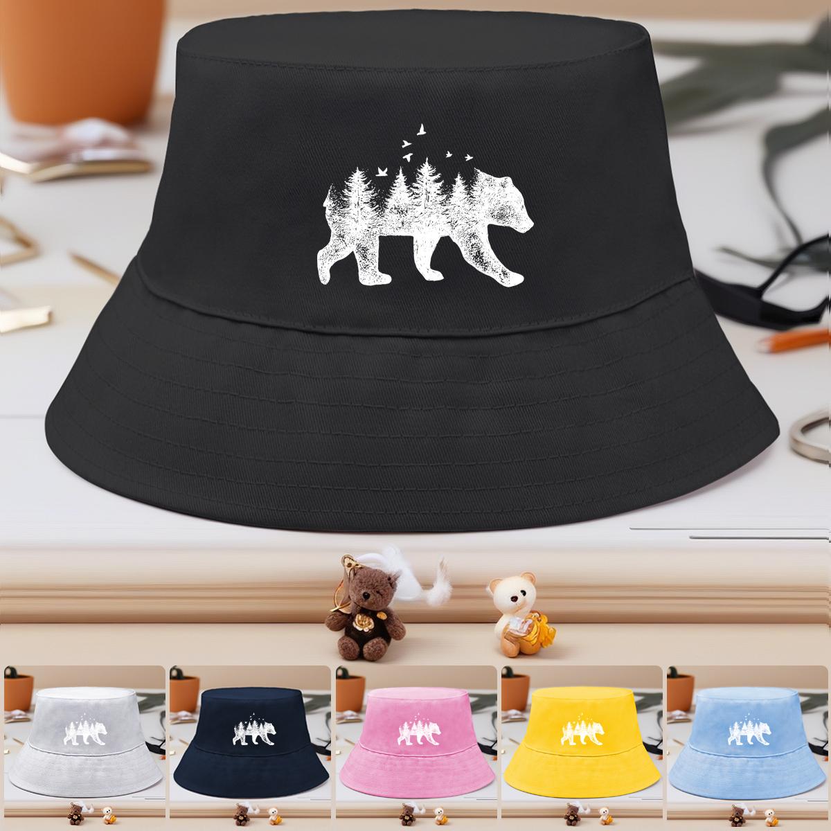

White Forest Bear Print Bucket Hat , Sun Cap Solid Color Trendy Foldable Basin Hat as the picture білий
