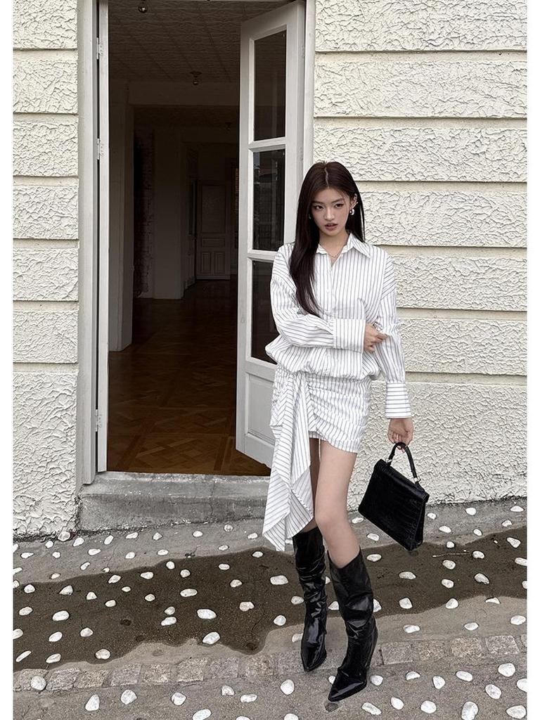 2026 Spring/Summer Women's Striped Shirt Dress - Casual Fashionable Bodycon Skirt Design