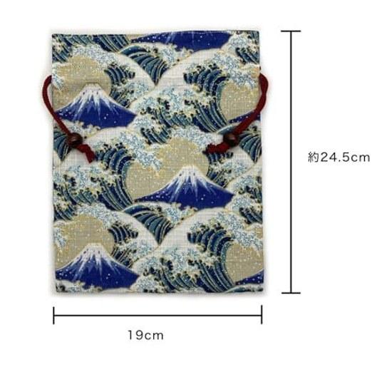 Kyo-Suke Made Japan Drawstring Bag Pouch Approximately 24.519cm Cotton Wooden Beads Kanran Ura Fuji Mountain Beige Japanese Pattern