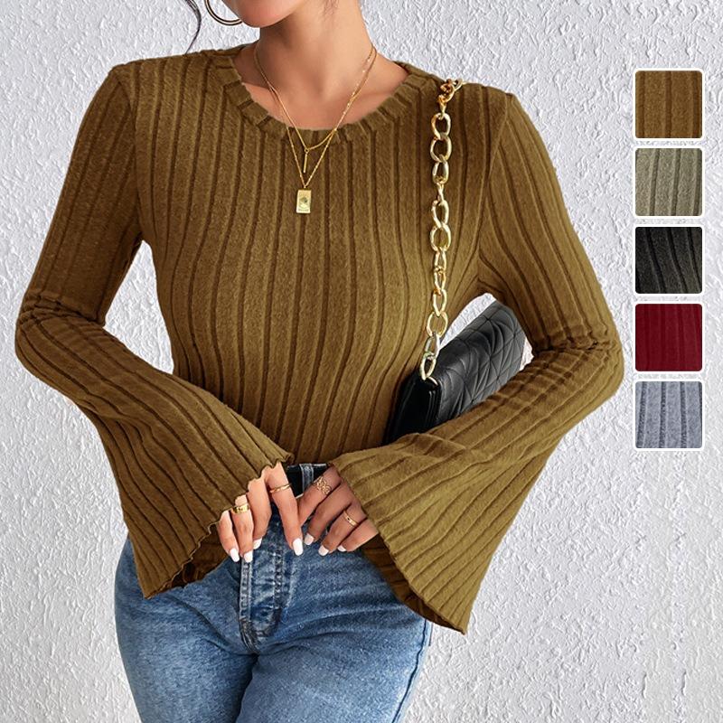 Women S Solid Slim Fit Sweater Round Neck Flared Sleeve Autumn Casual