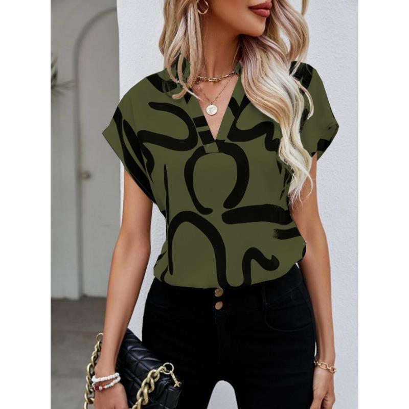 Chemise d'été pour femme Manches chauve-souris Hauts Dame Élégant Simple Imprimé Décontracté Chemisier pour femme Nouvelle Mode Vacances à la plage Lâche Vêtements féminins