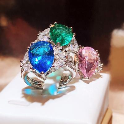 Anel de noivado feminino em formato de gota d'água grande e brilhante, rosa, verde, azul, zircônia, anel de noivado, anel de casal ajustável de alta qualidade