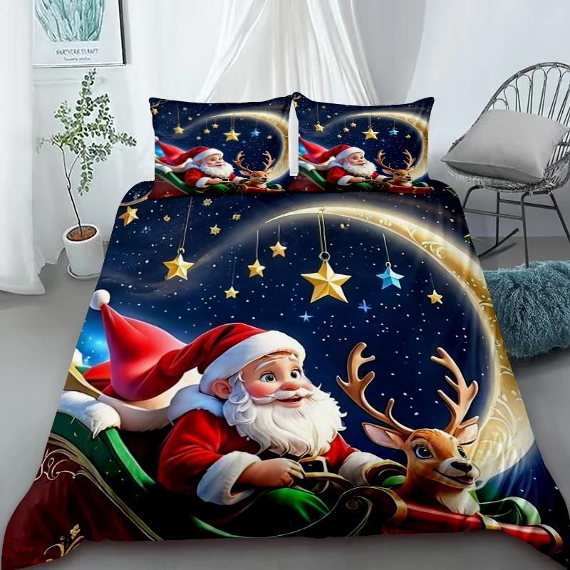 Cartoon Santa Claus Duvet Cover Elk Christmas Bedding Set With Zipper 1 Duvet Cover 2 Pillow Case Queen King Bedroom Decor