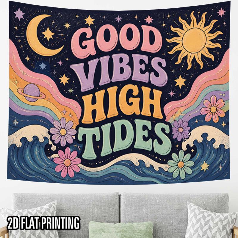 2D Flat, 2D Flat Print 1pc Tapestry Good Vibes High Tides Wall Tapestry Cosmic Wave Art Polyester Fabric Suitable for Home, Office Wall Decor, Birthda