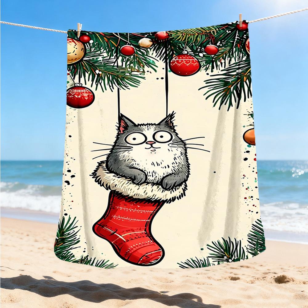 1pc Christmas Stocking Cat Outdoor Soft Polyester Flannel Throw Blanket Versatile for All Seasons , Soft , Cozy , Warm All Season Quilted Throw ,