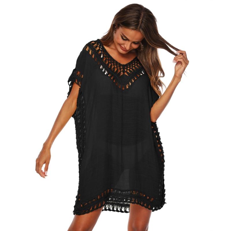 Casual sólido com decote em v vestido geral feminino verão oco solto praia sexy vestido de cobertura mulher vestidos de manga curta 27779
