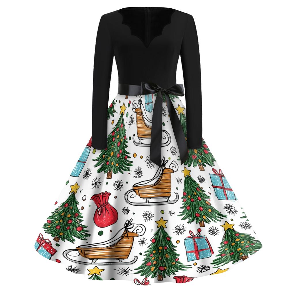 Women's Casual Vintage V-Neck Long Sleeve Dress with Christmas Print