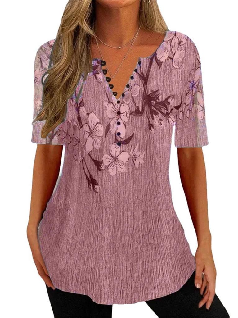 Summer Womens Loose Vneck Shirt With Floral Print And Button Closure For Casual Office Wear