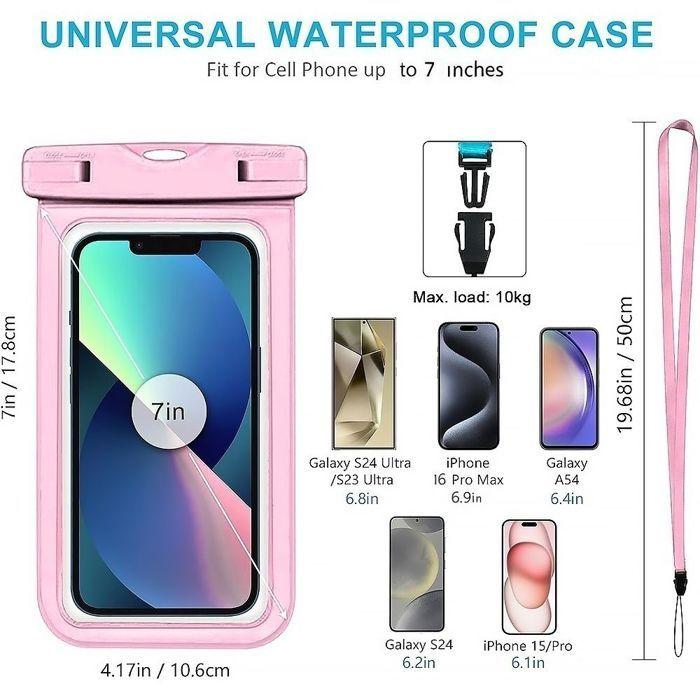 2x Housse Étanche pour Samsung Galaxy iPhone Xiaomi Redmi Google Téléphone, Protection Tactile IPX8 avec Bordure Rose