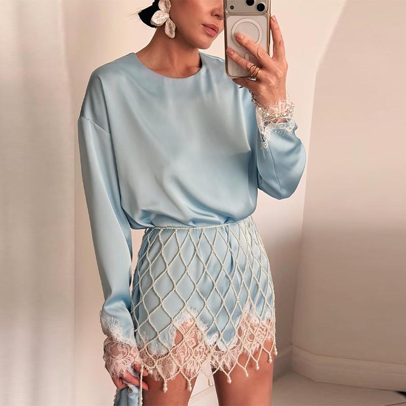 Fashion Solid Color Satin Pearl Mesh Two Piece Set Trendy Long Sleeve Lace Trim Top Fringe Mini Skirt Woman Party Bridal Outfit