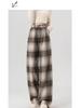 Women's Retro Black & White Plaid Wool Blend Wide-Leg Pants: Fleece-Lined, Thickened, Loose Fit for Autumn/Winter Casual Style.