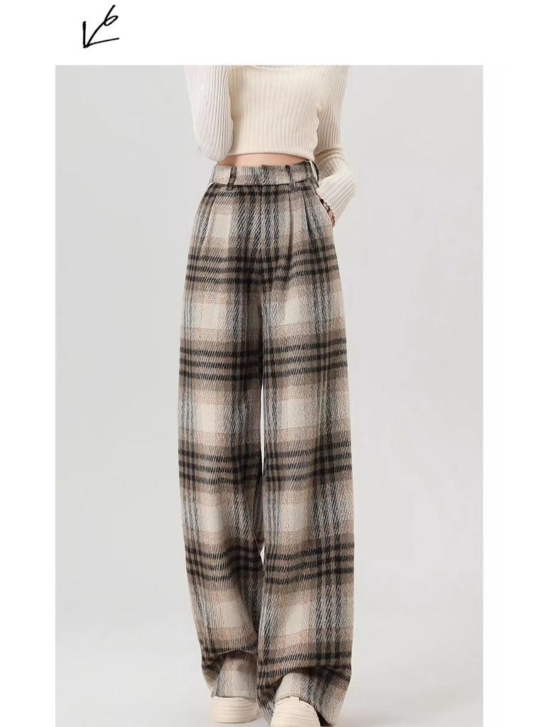 Women's Retro Black & White Plaid Wool Blend Wide-Leg Pants: Fleece-Lined, Thickened, Loose Fit for Autumn/Winter Casual Style.